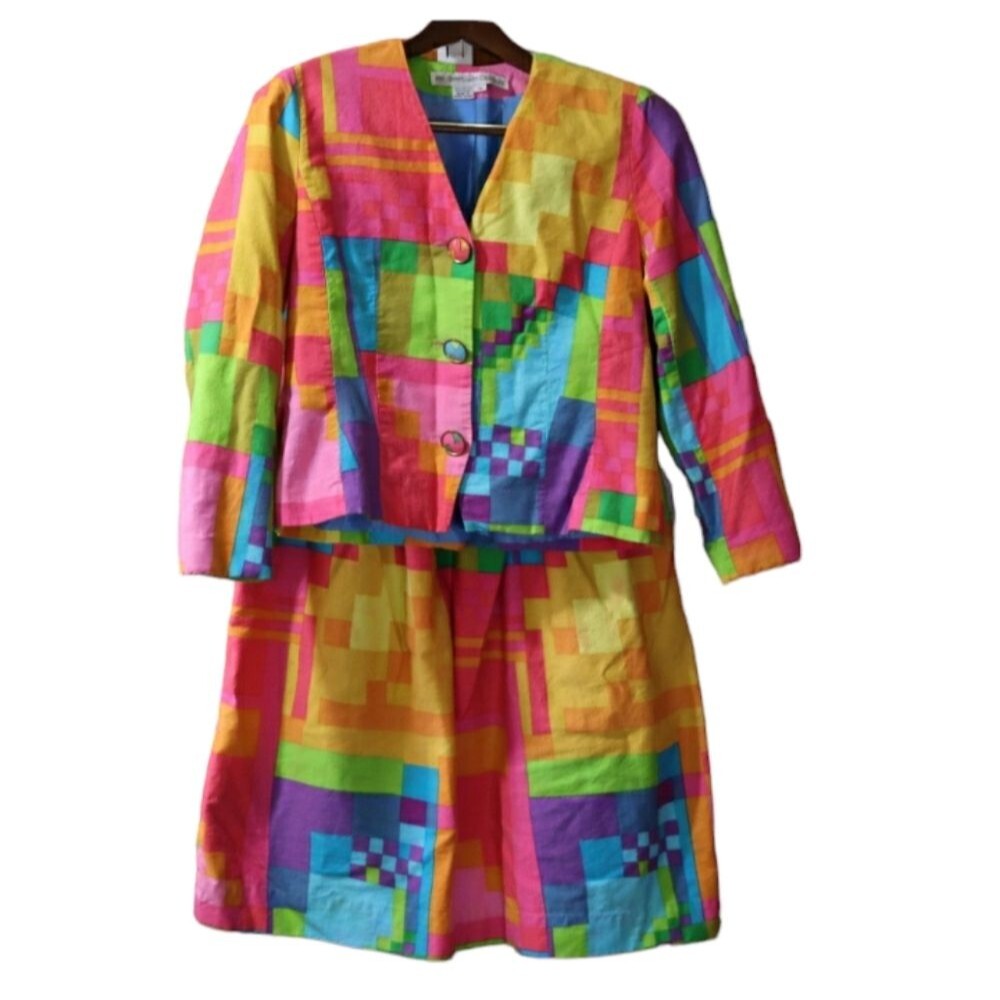 Anne Crimmins For Umi Collections Vintage Bright Multi Color Rainbow Skirt Suit